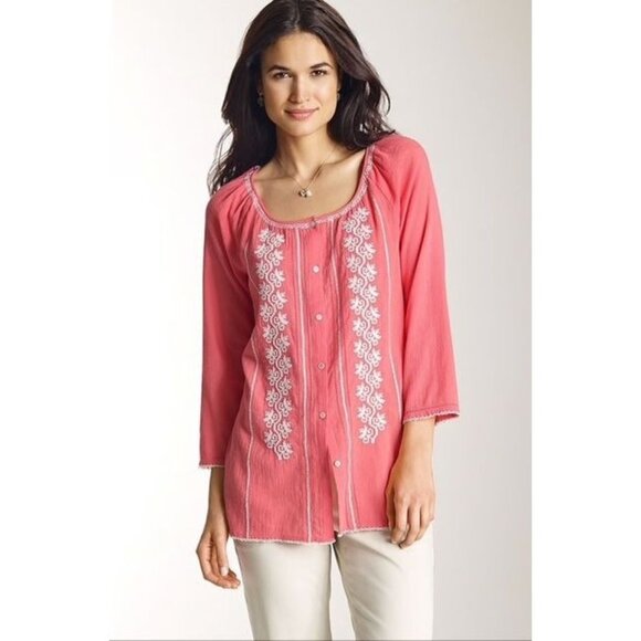 EUC J. Jill Coral XL Embroidered Button Front Top XL Missy 3/4-Sleeve - Picture 1 of 10